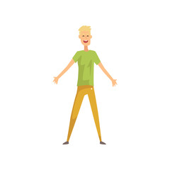 Blond man with cheerful face expression standing isolated on white. Cartoon male character in green t-shirt and orange pants. Young successful guy. Flat vector illustration