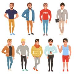Obraz premium Collection of handsome men in stylish clothing. Casual wear. Male characters posing with smiling face expressions. Colorful flat vector design