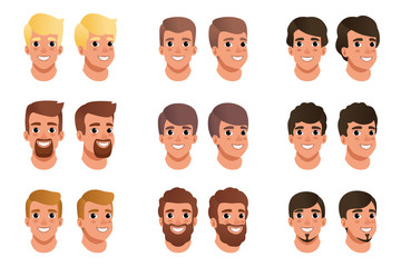 Cartoon set of men avatars with different hair styles, colors and beards: black, blonde, brown. Human head. Male with smiling face expression. Flat vector design