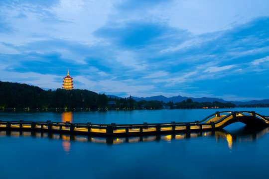 Night view of Lei Feng tower of West Lake,Hangzhou City,China