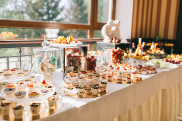 Sweet wedding buffet with different of desserts and fruits.