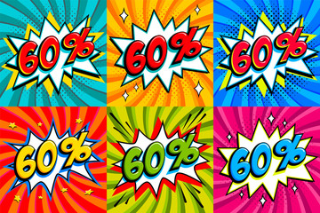 Sale set. Sale sixty percent 60 off tags on a Comics style bang shape background. Pop art comic discount promotion banners. Seasonal discounts, Black Friday, cyber monday.