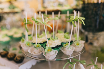 Sweet wedding buffet with different of desserts and fruits.