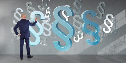 Businessman using law interface on a wall 3D rendering