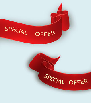 Special offer vector ribbon.Red scroll. Banner sale tag. Market special offer discount.