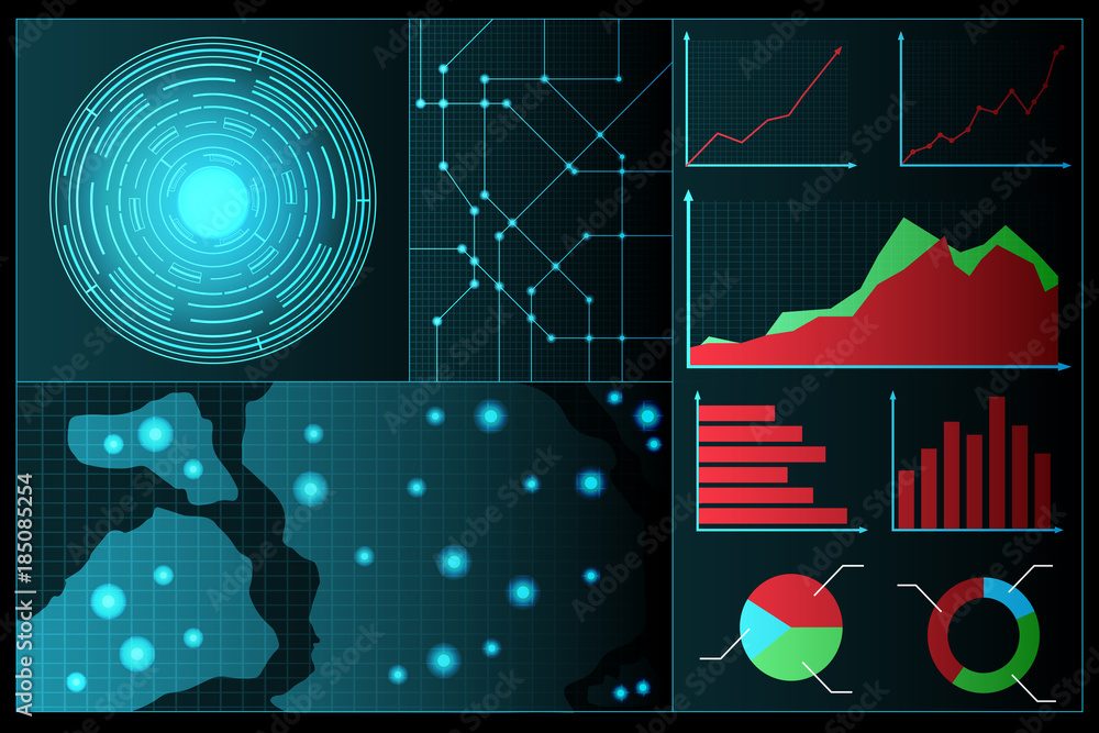 Fototapete abstract future technology concept background with map bar chart pie chart and other graph.vector an