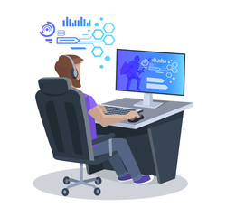 Man Playing Computer Game Vector Illustration