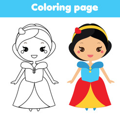 Coloring page with cute princess character in kawaii style. Drawing kids game. Printable activity