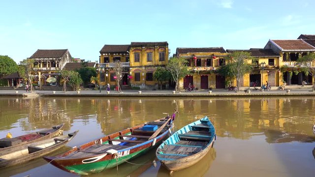 Quang Nam, Vietnam - NOV 2017: Beautiful sunny day at Hoai river. Hoi An, once known as Faifo. Hoian is a city in Vietnam's Quang Nam Province and noted since 1999 as a UNESCO World Heritage Site