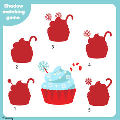 Shadow matching game. Kids activity with creamy cupcake. Christmas, new Year theme