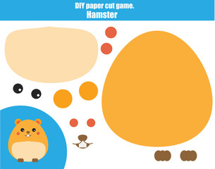 DIY children educational creative game. Make a hamster with scissors and glue. Paprecut activity. Creative printable tutorial for kids. Animals theme
