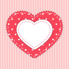Cute card template with heart as retro fabric applique in shabby chic style