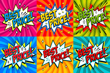 Best Price Labels. Comic book style stickers. Sale banners in pop art comic style. Color summer banners in pop art style Ideal for web. Decorative backgrounds with bomb explosive.