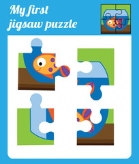 Puzzle kids activity. Complete the picture. Elementary jigsaw with fish. Educational game for pre school years children