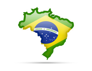 Flag of Brazil and contour of the country on white background.