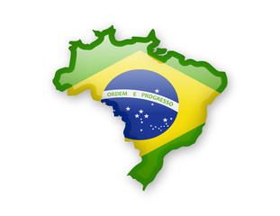 Flag of Brazil and contour of the country on white background.