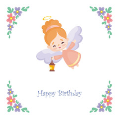 Birthday greeting card with the image of a pretty little angel. Vector illustration on a white background.