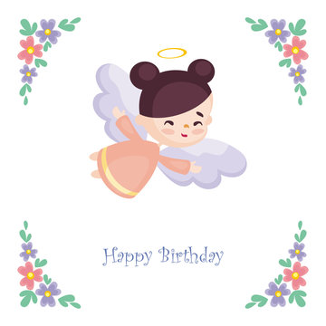 Birthday greeting card with the image of a pretty little angel. Vector illustration on a white background.