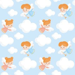 Seamless pattern with the image of a pretty little angel. Vector background.