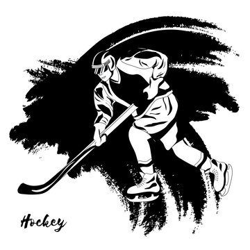 Winter sport. Hockey player. Vector illustration. Black and white sample. Page for coloring book.