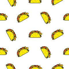 Taco mexican food seamless vector pattern. Bright yellow fast food texture background.