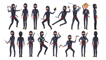 Ninja Character Vector. Cartoon Funny Warriors. Different Poses. Isolated On White Background Flat Cartoon Illustration © PikePicture