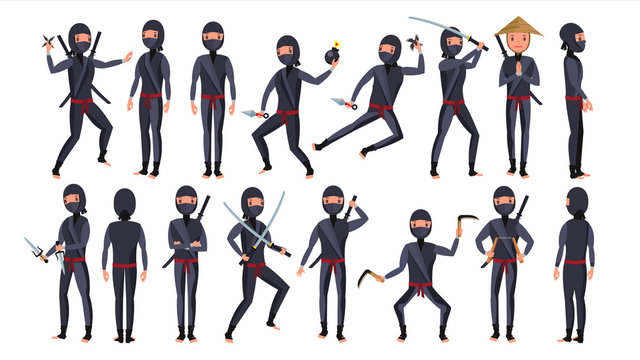Ninja Character Vector. Cartoon Funny Warriors. Different Poses. Isolated On White Background Flat Cartoon Illustration