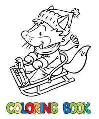 Funny fox rides on sleigh or sled. Coloring book