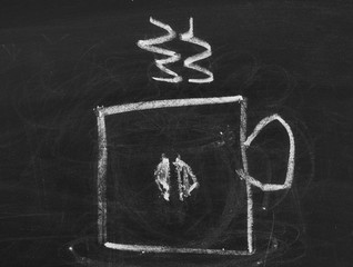 Cup of coffee symbol, sign on chalkboard, blackboard texture