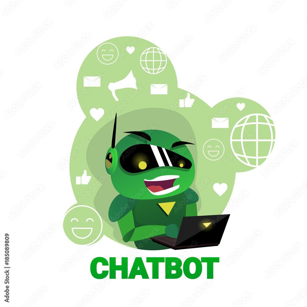 Poster chatbot icon chatter bot using laptop digital robot support modern technology concept vector illustr