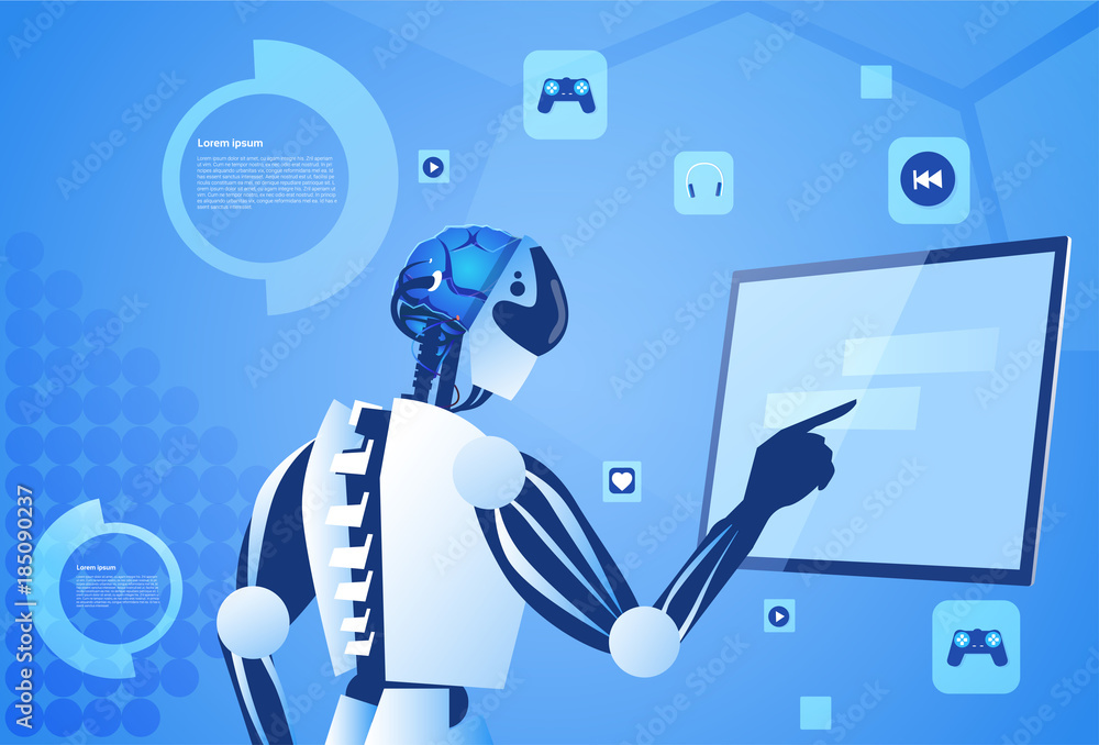 Poster robot working digital screen or monitor modern technology and artificial intelligence concept vector