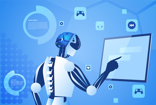 Robot Working Digital Screen Or Monitor Modern Technology And Artificial Intelligence Concept Vector Illustration