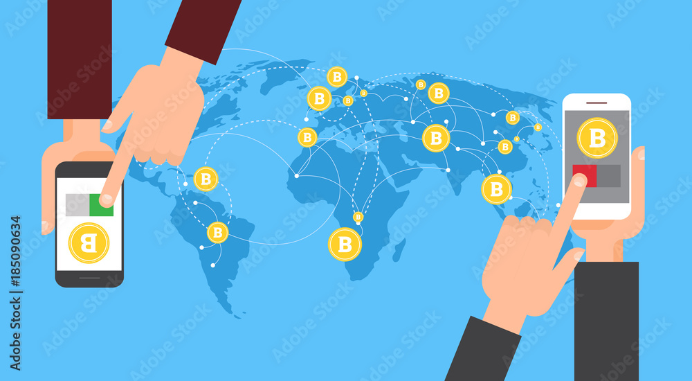Poster bitcoin exchange and transfer hand holding smart phone on world map background crypto currency techn