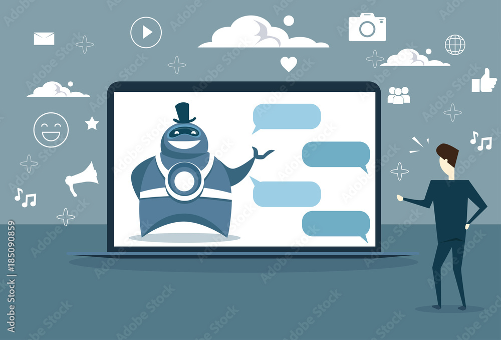 Poster man chatting with chat bot from digital tablet or cell smart phone digital support technology vector