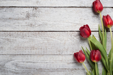 tulips on wooden table