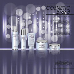 3D realistic cosmetic bottle ads template. Cosmetic brand advertising concept design with glitters and bokeh background