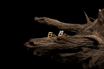 Golden egyptian earrings on wood with black background
