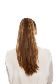 Back view of women with a ponytail