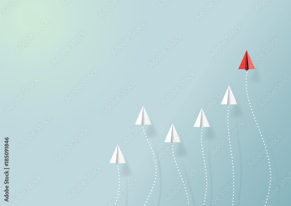 Poster paper airplanes flying on blue sky with form of growing graph.paper art style of business teamwork c