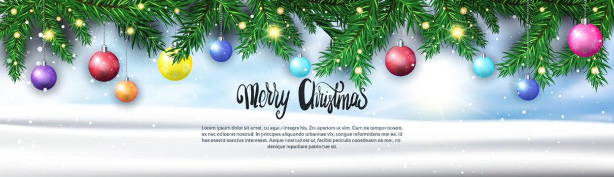 Merry Christmas Background Fir Branches Decorated With Colorful Balls Horizontal Banner Flat Vector Illustration
