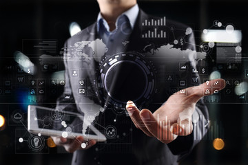 Internet, Business and technology concept. Icons, diagrams and graphs background on virtual screen.