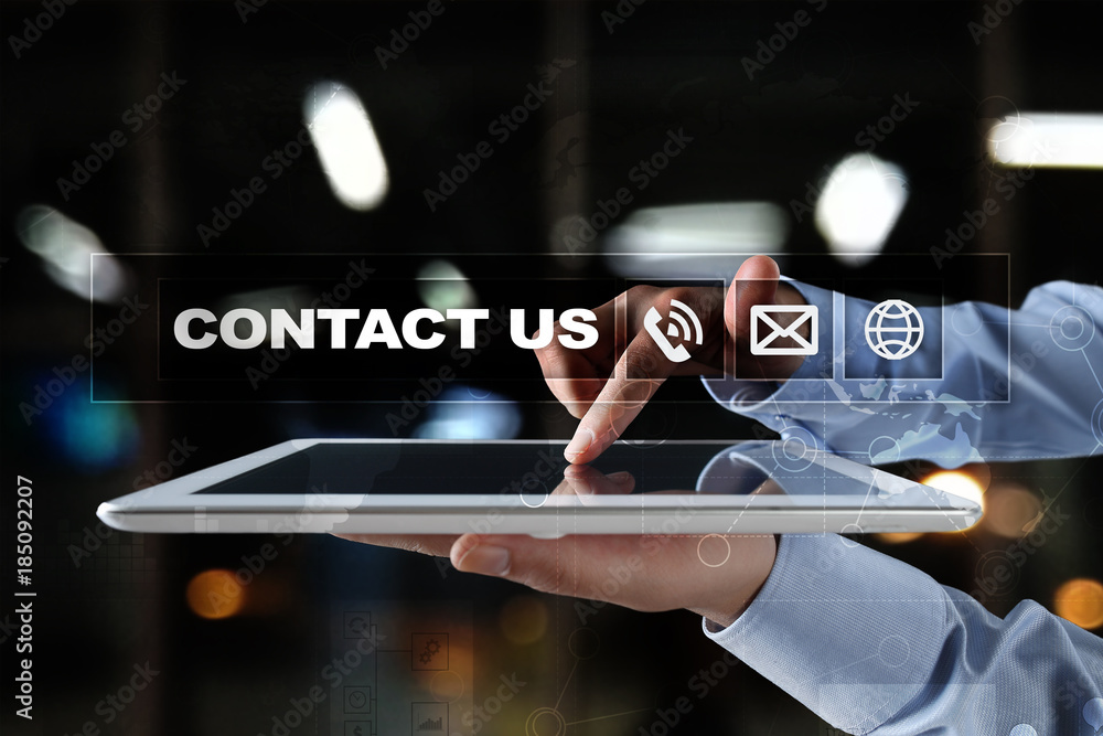 Poster contact us button and text on virtual screen. business and technology concept.