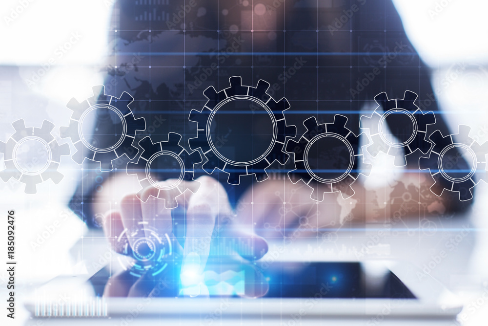 Poster gears on virtual screen. business strategy and technology concept. automation process.