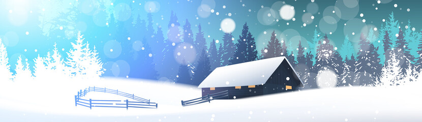 Winter Landscape With House In Snowy Forest Horizontal Banner Flat Vector Illustration