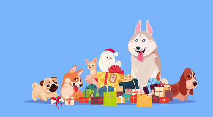 Obraz na płótnie Canvas Group Of Cute Dog Sitting At Gifts Stack Synbol Of New Year 2018 Holiday Present Decoration Flat Vector Illustration