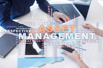 Asset management on the virtual screen. Business concept. Words cloud.