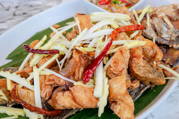 Close up of deep Fried Snapper topped with mango sliced