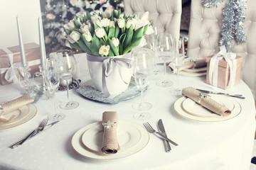 Table served for beautiful dinner in living room