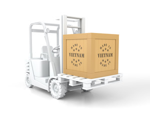 Forklift Truck with Made in Vietnam Wooden Box on Pallet.