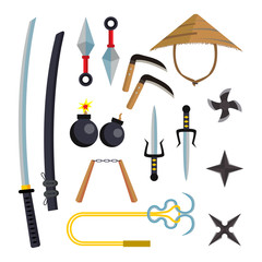 Ninja Weapons Set Vector. Assassin Accessories. Star, Sword, Sai, Nunchaku. Throwing Knives, Katana, Shuriken. Isolated Flat Cartoon Illustration © PikePicture